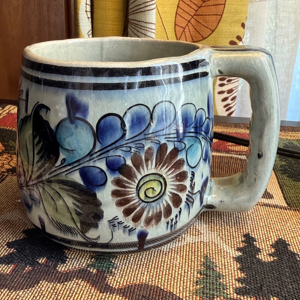 Ken Edwards Tonala Mug Blue Excellent Hand Painted Mexican Pottery